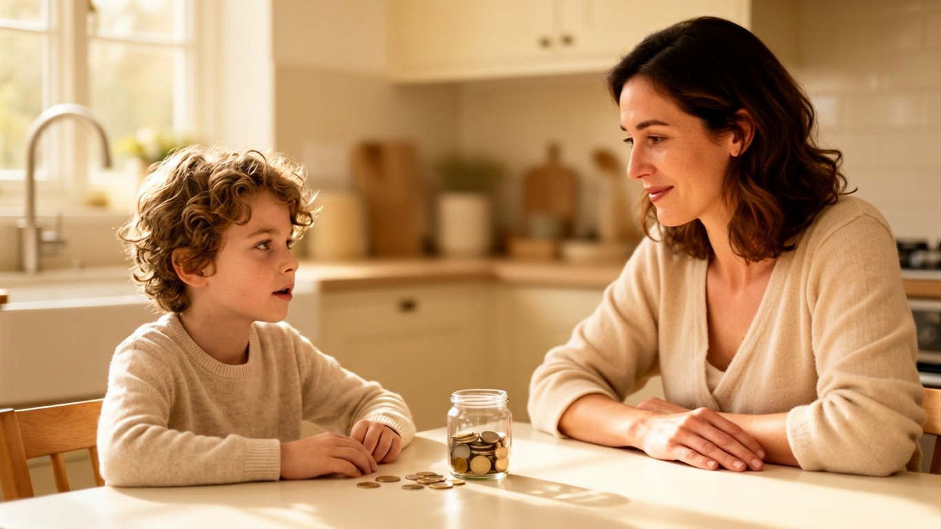 A mother and child having a warm conversation at the kitchen table